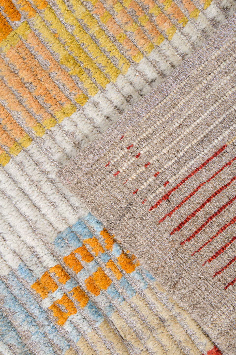 10' x 13' one-of-a-kind handmade vintage Tulu oversize rug. Color palette: ivory, rust, saffron, charcoal, pale blue, sage