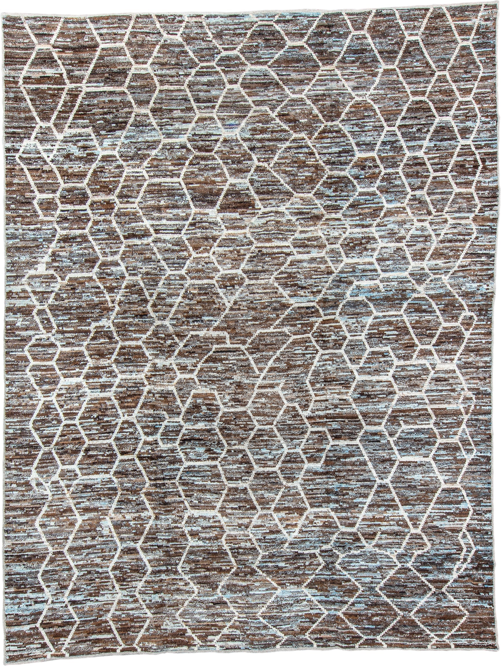 10' x 13' one-of-a-kind handmade vintage Tulu large size rug. Color palette: brown, ivory, taupe, pale_blue, beige, gray