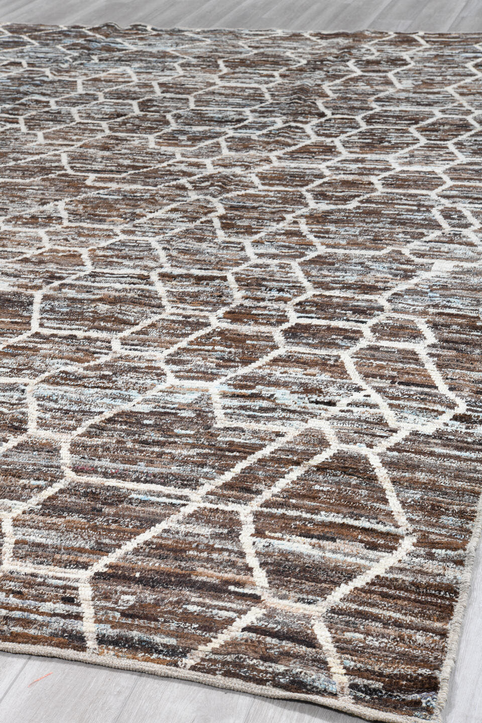 10' x 13' one-of-a-kind handmade vintage Tulu large size rug. Color palette: brown, ivory, taupe, pale_blue, beige, gray