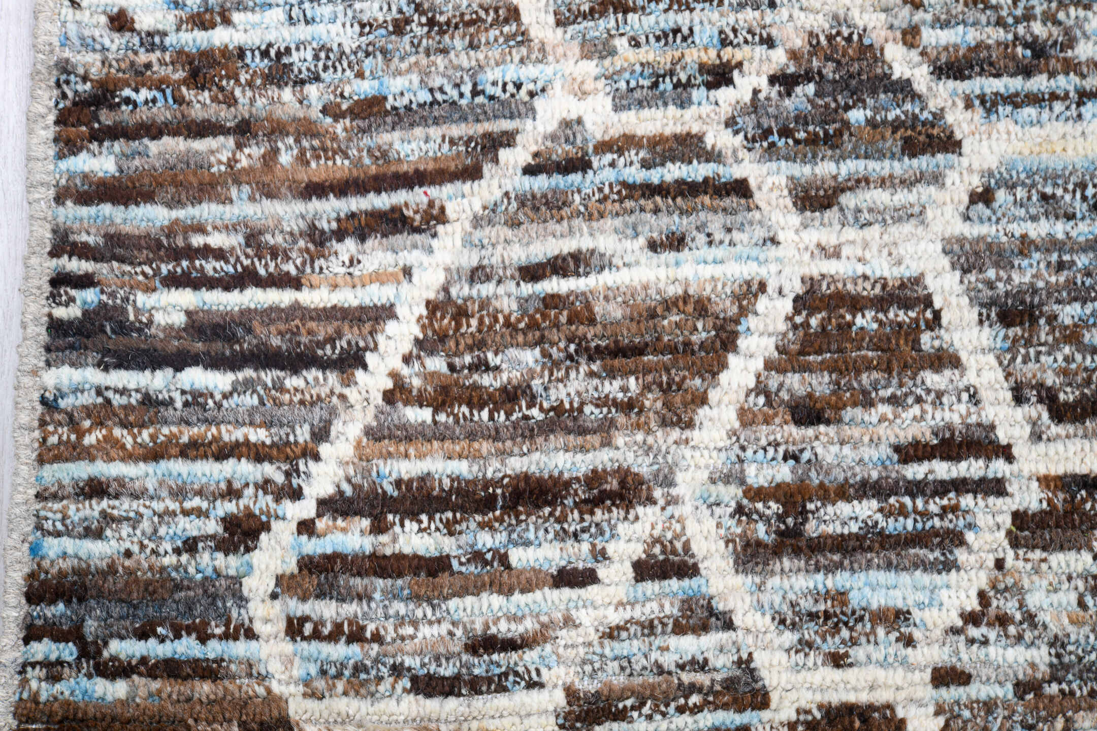 10' x 13' one-of-a-kind handmade vintage Tulu large size rug. Color palette: brown, ivory, taupe, pale_blue, beige, gray