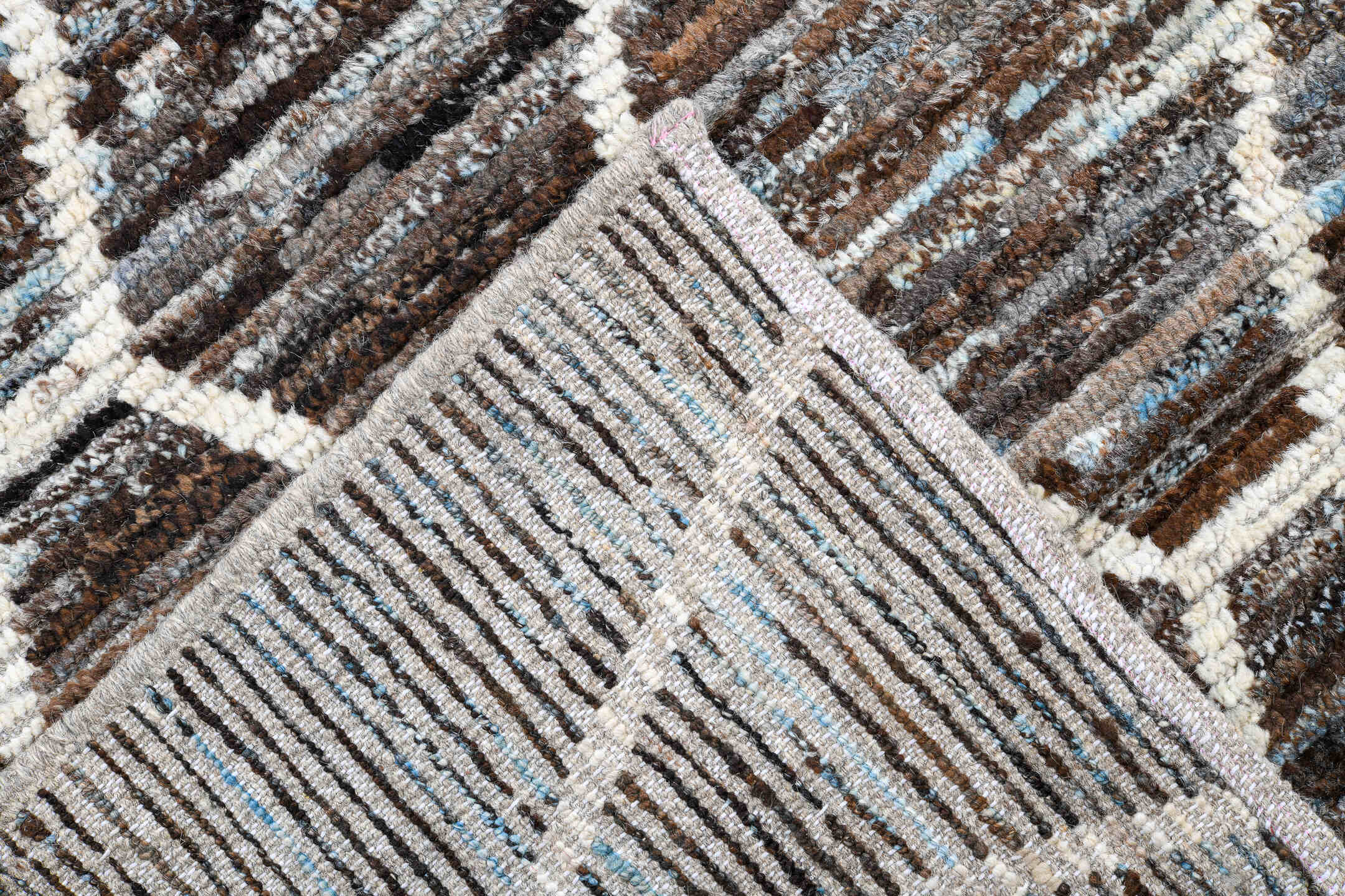 10' x 13' one-of-a-kind handmade vintage Tulu large size rug. Color palette: brown, ivory, taupe, pale_blue, beige, gray