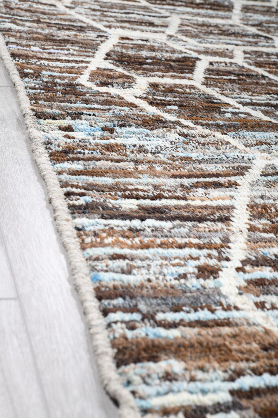 10' x 13' one-of-a-kind handmade vintage Tulu large size rug. Color palette: brown, ivory, taupe, pale_blue, beige, gray