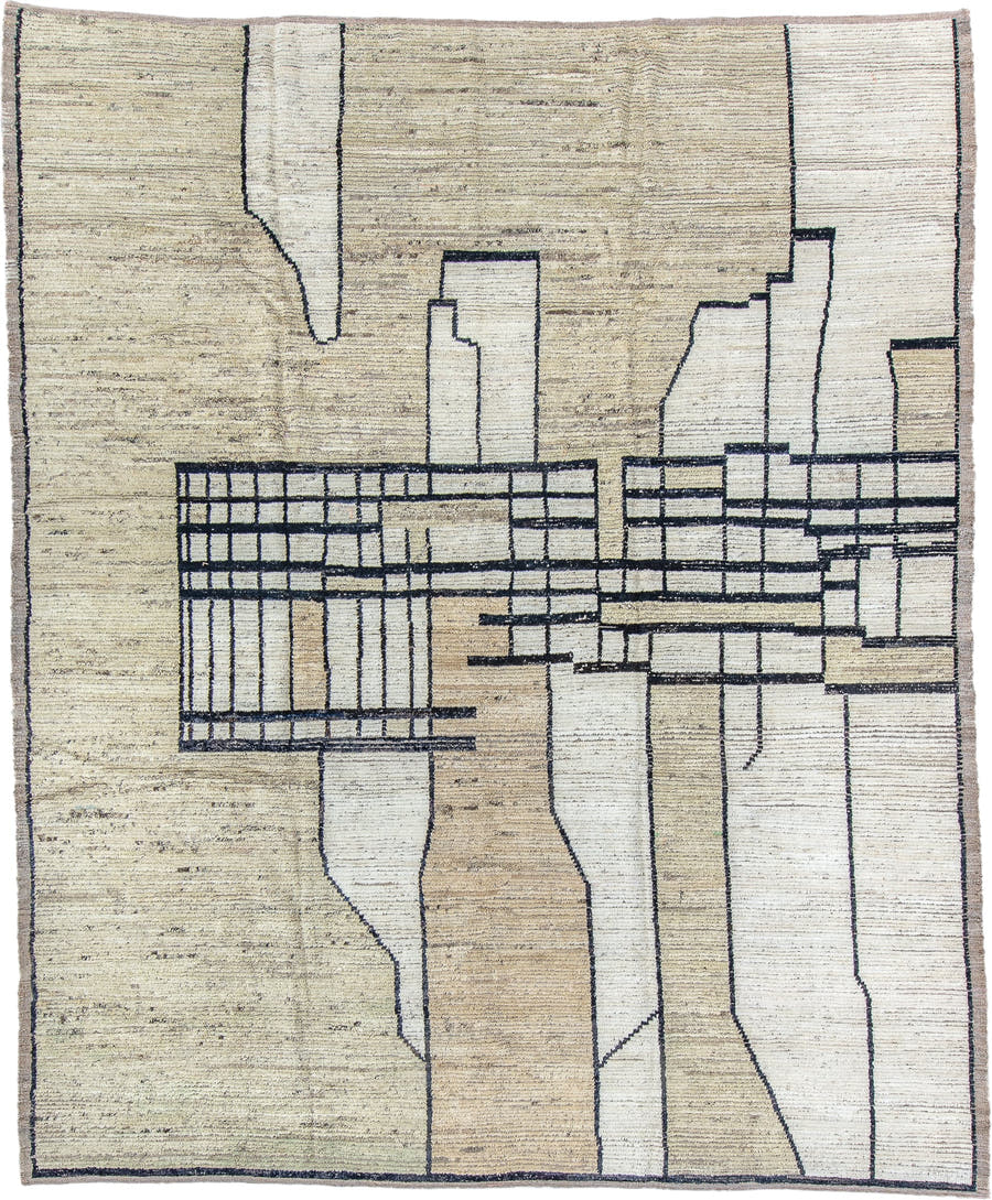 9' x 11' one-of-a-kind handmade vintage Tulu large size rug. Color palette: ivory, cream, charcoal, taupe, beige, black