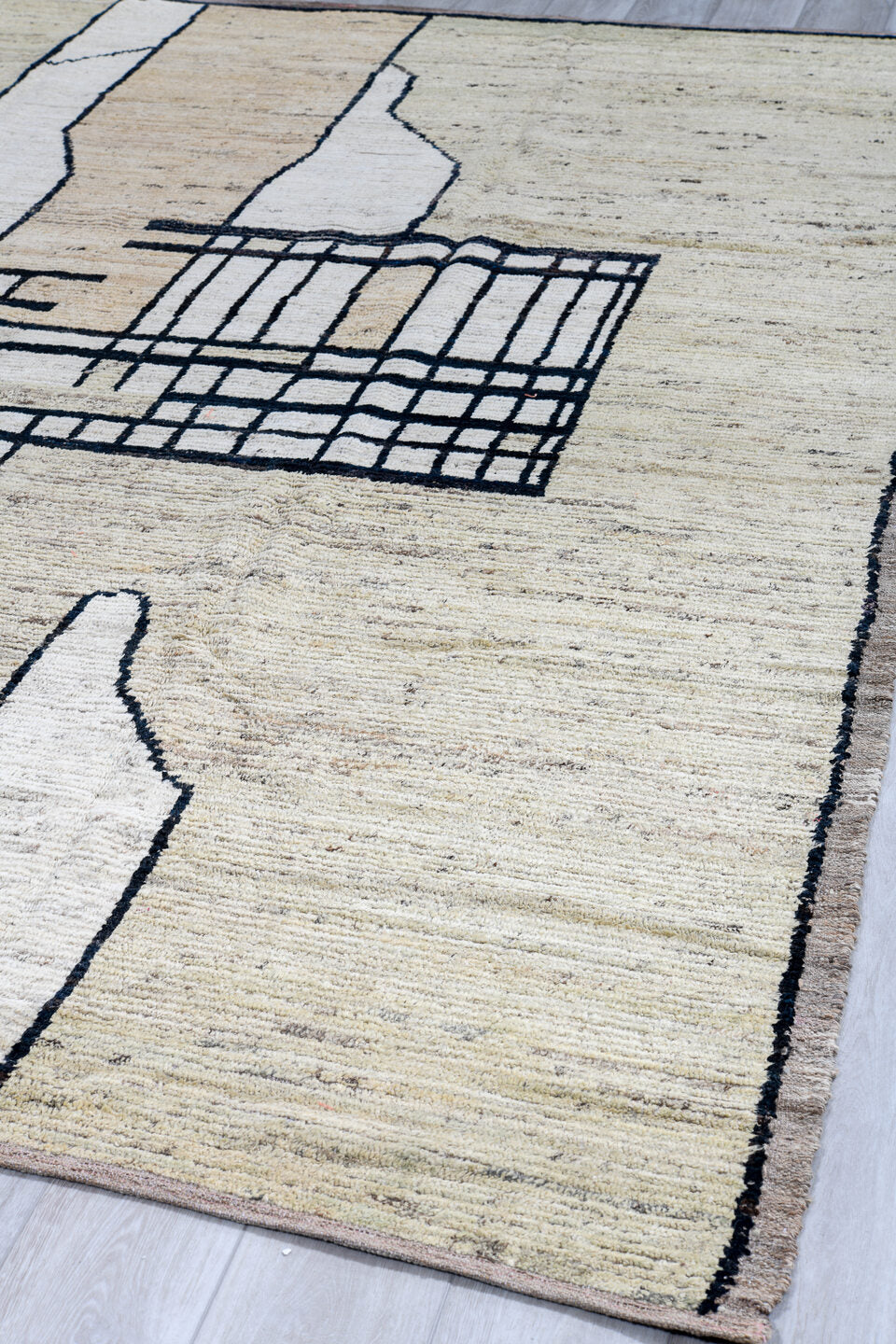9' x 11' one-of-a-kind handmade vintage Tulu large size rug. Color palette: ivory, cream, charcoal, taupe, beige, black