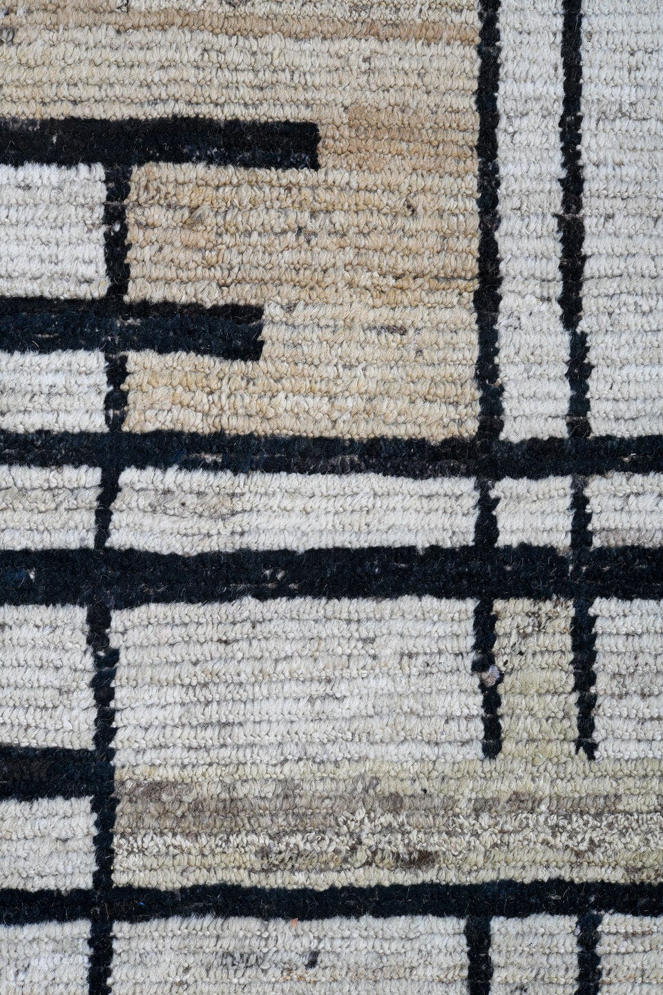 9' x 11' one-of-a-kind handmade vintage Tulu large size rug. Color palette: ivory, cream, charcoal, taupe, beige, black