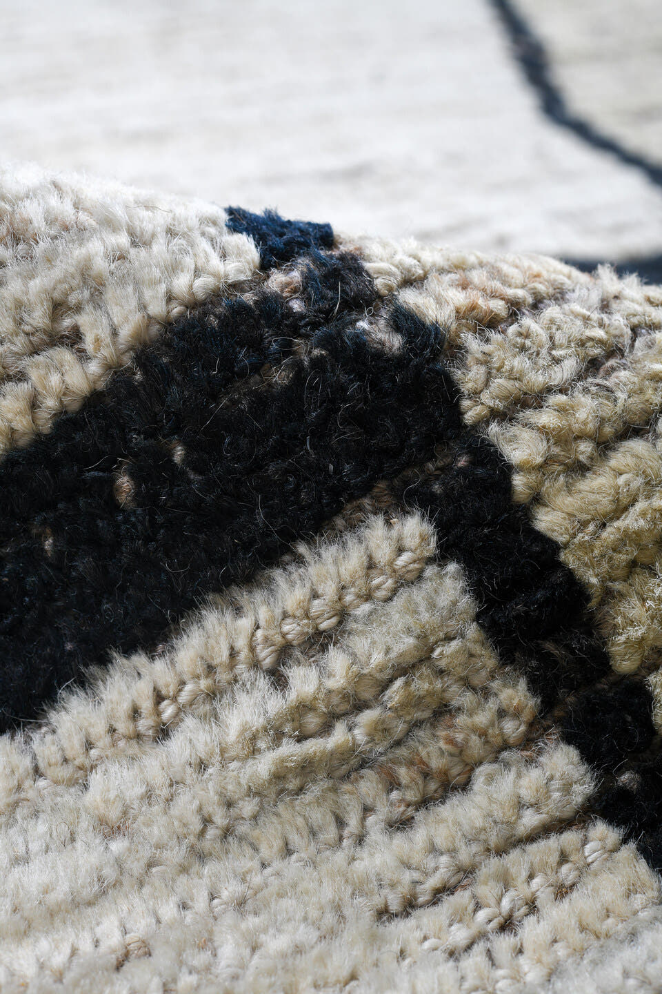 9' x 11' one-of-a-kind handmade vintage Tulu large size rug. Color palette: ivory, cream, charcoal, taupe, beige, black