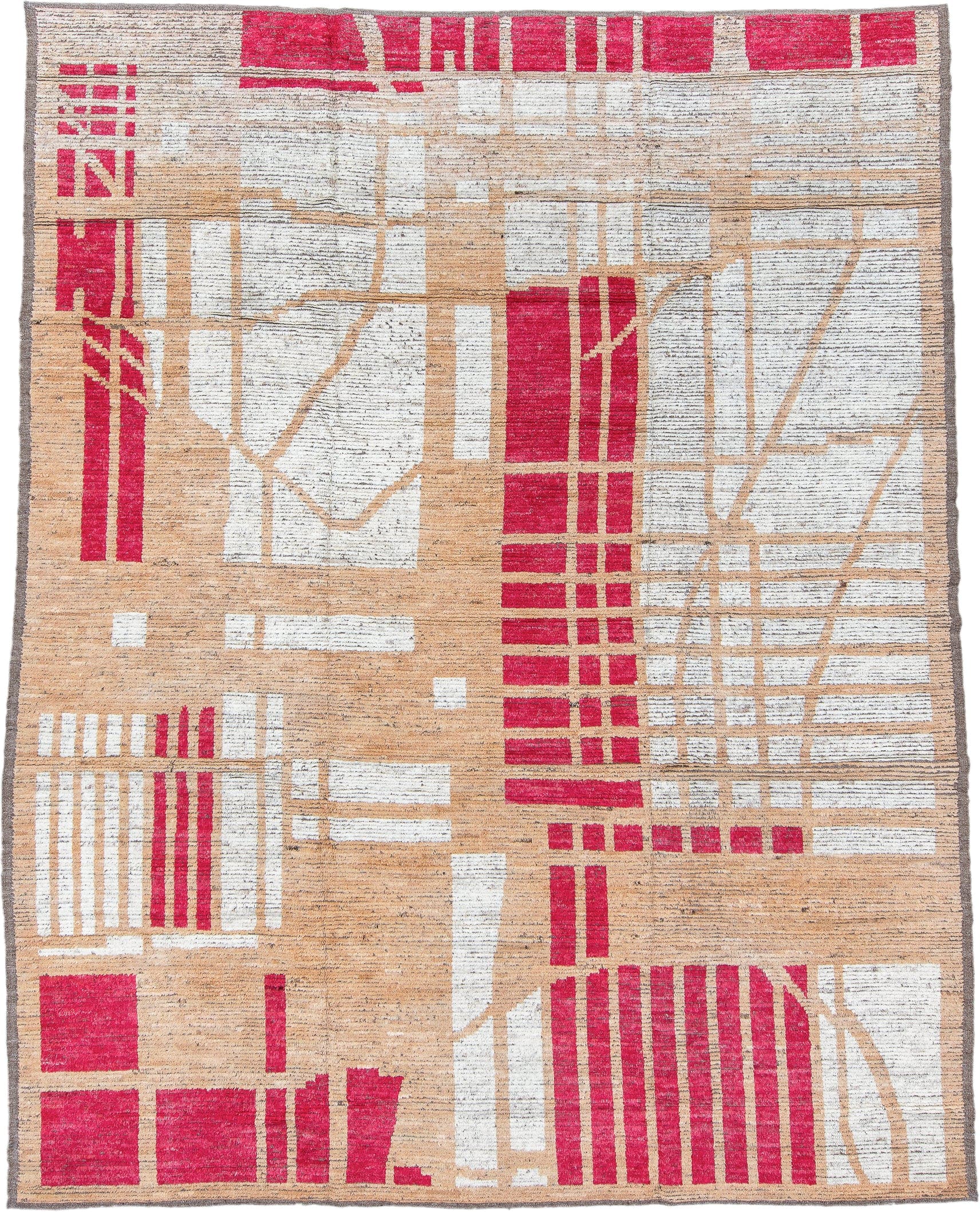 9' x 12' one-of-a-kind handmade vintage Tulu large size rug. Color palette: camel, ivory, crimson, taupe, brown, beige, red