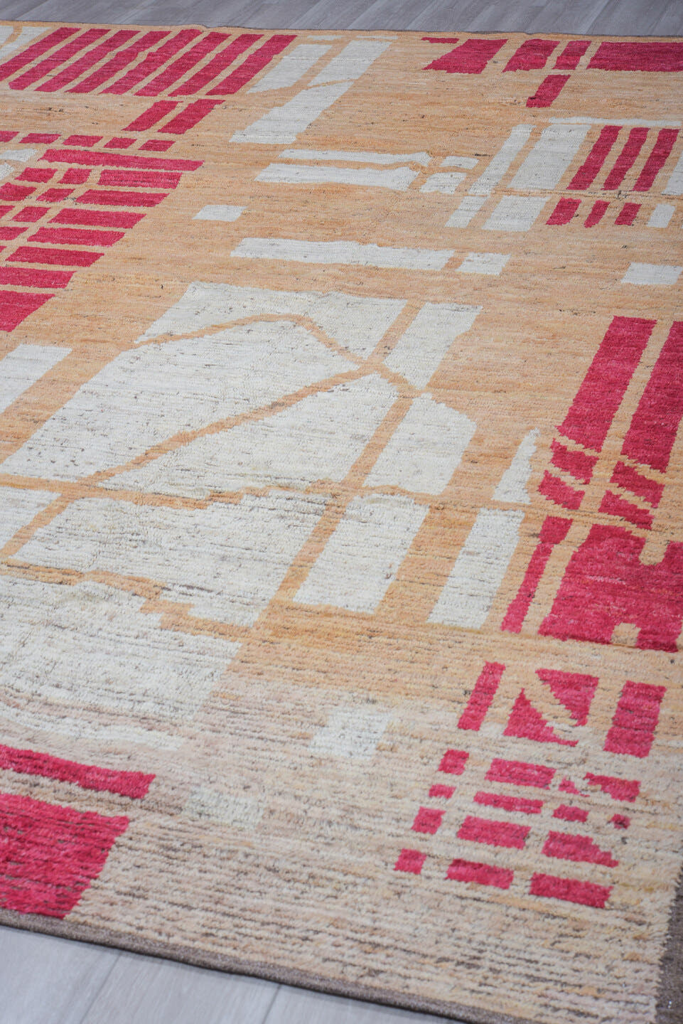 9' x 12' one-of-a-kind handmade vintage Tulu large size rug. Color palette: camel, ivory, crimson, taupe, brown, beige, red
