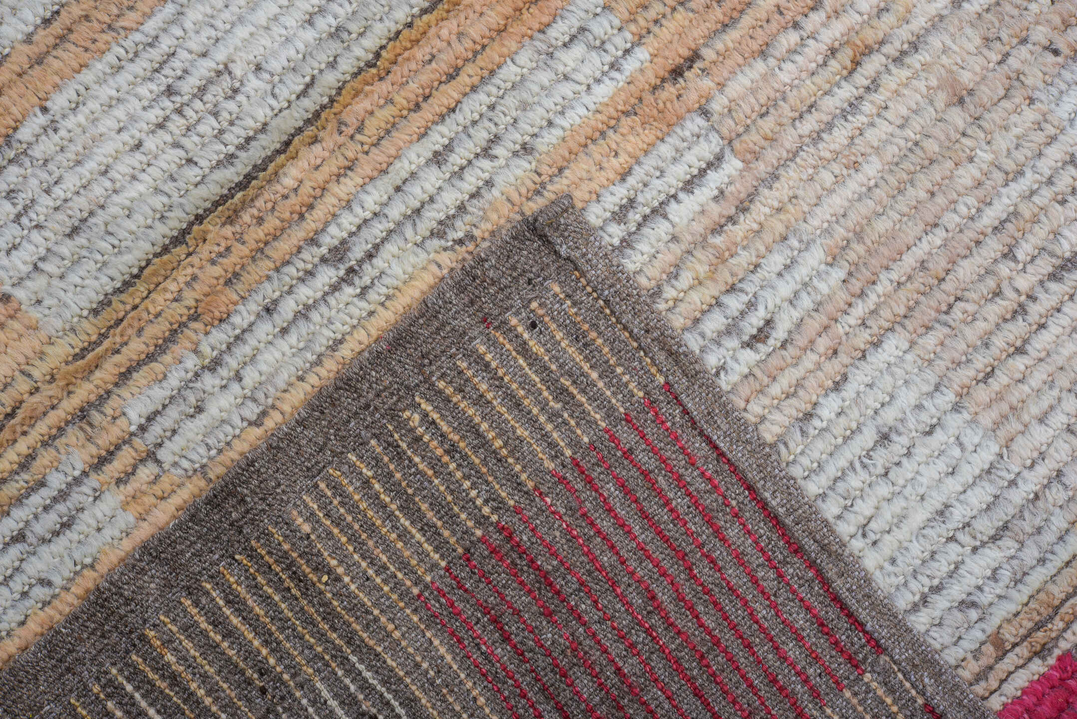 9' x 12' one-of-a-kind handmade vintage Tulu large size rug. Color palette: camel, ivory, crimson, taupe, brown, beige, red