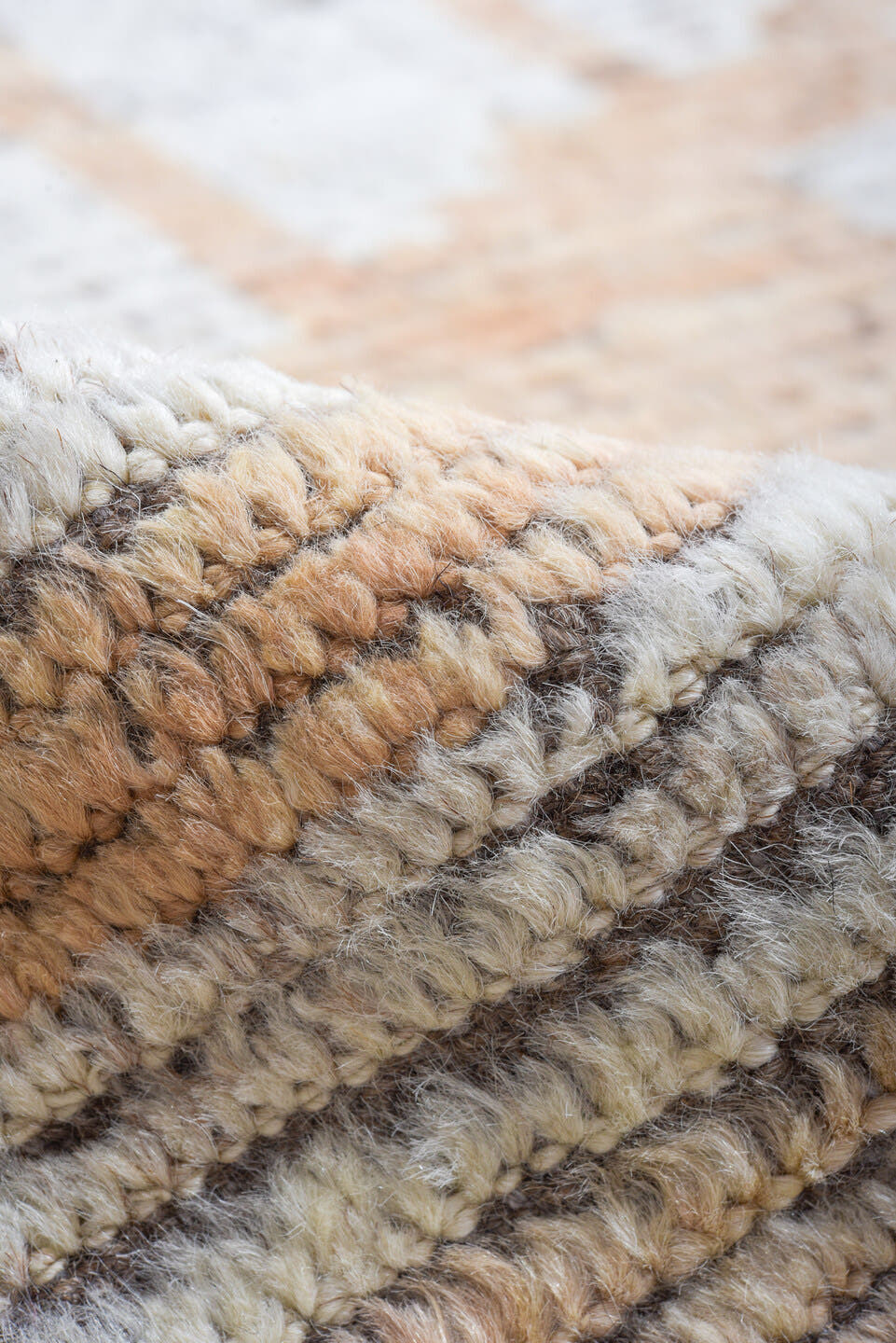 9' x 12' one-of-a-kind handmade vintage Tulu large size rug. Color palette: camel, ivory, crimson, taupe, brown, beige, red