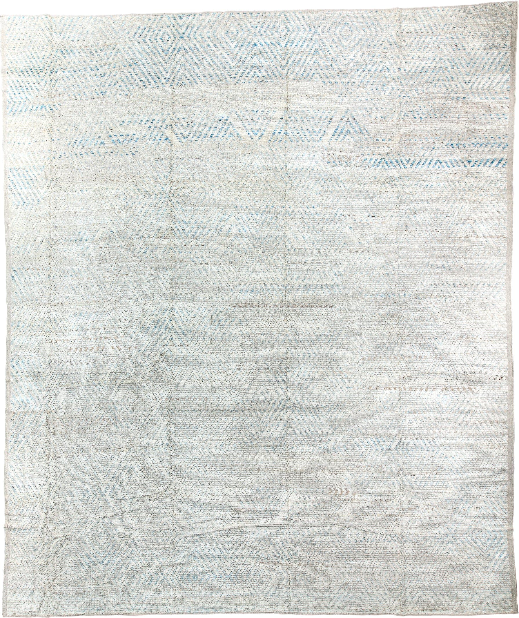 13' x 16' one-of-a-kind handmade vintage Tulu oversize rug. Color palette: ivory, pale blue, cream, taupe, light gray