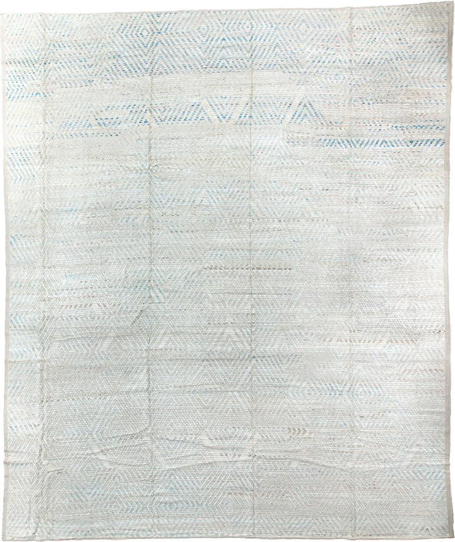 13' x 16' one-of-a-kind handmade vintage Tulu oversize rug. Color palette: ivory, pale blue, cream, taupe, light gray