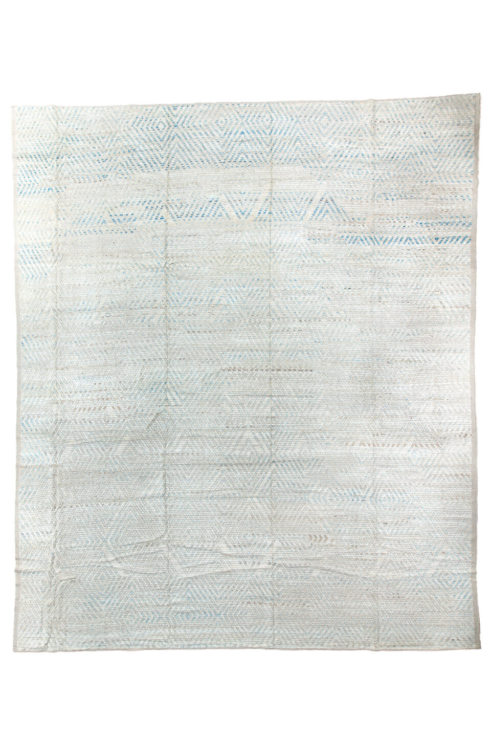 13' x 16' one-of-a-kind handmade vintage Tulu oversize rug. Color palette: alice blue, azure, black, blue, charcoal