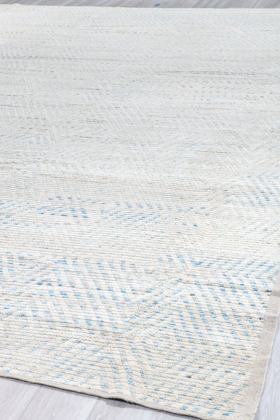 13' x 16' one-of-a-kind handmade vintage Tulu oversize rug. Color palette: ivory, pale blue, cream, taupe, light gray
