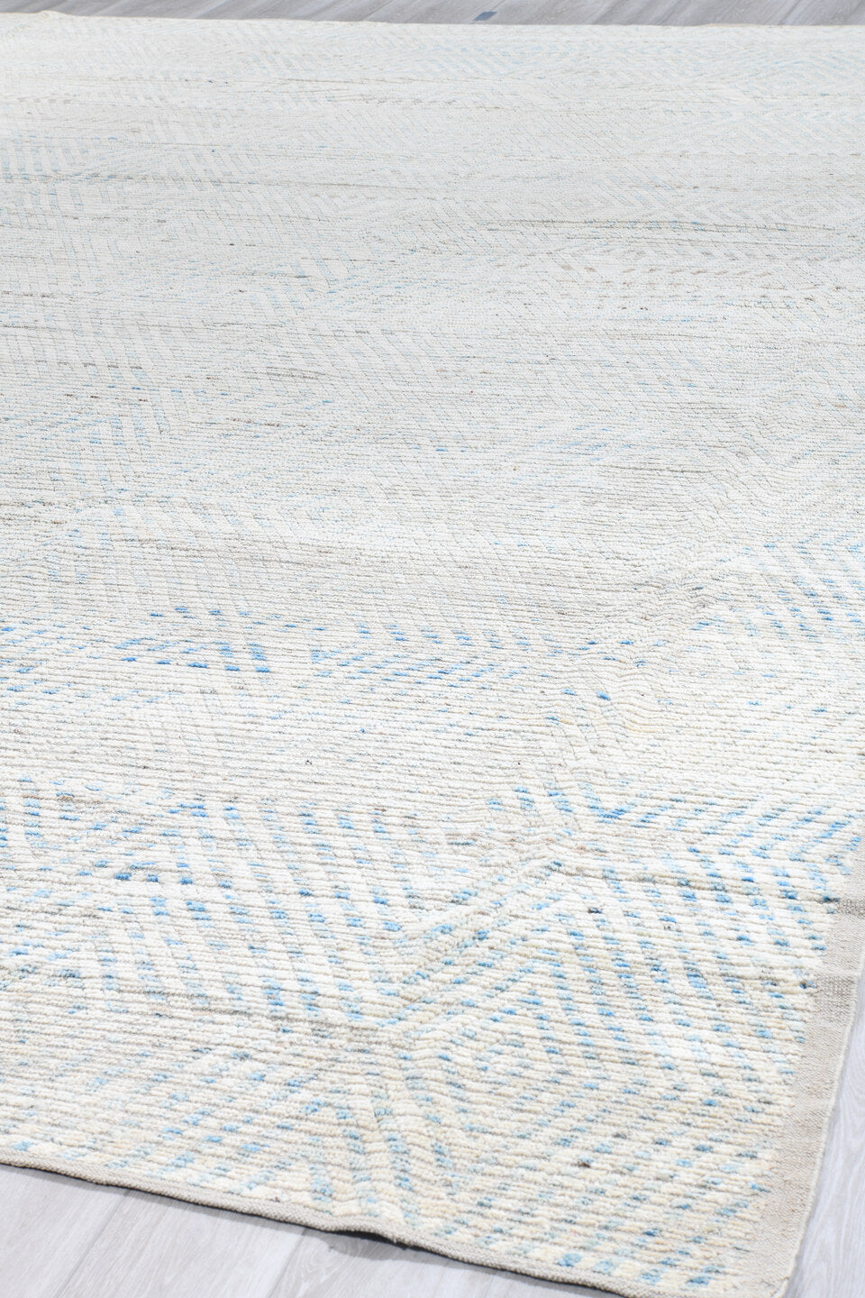 13' x 16' one-of-a-kind handmade vintage Tulu oversize rug. Color palette: ivory, pale blue, cream, taupe, light gray