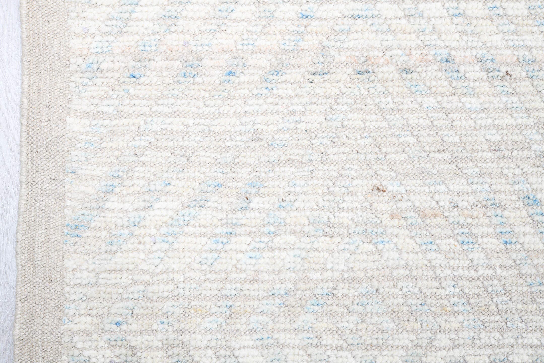 13' x 16' one-of-a-kind handmade vintage Tulu oversize rug. Color palette: ivory, pale blue, cream, taupe, light gray