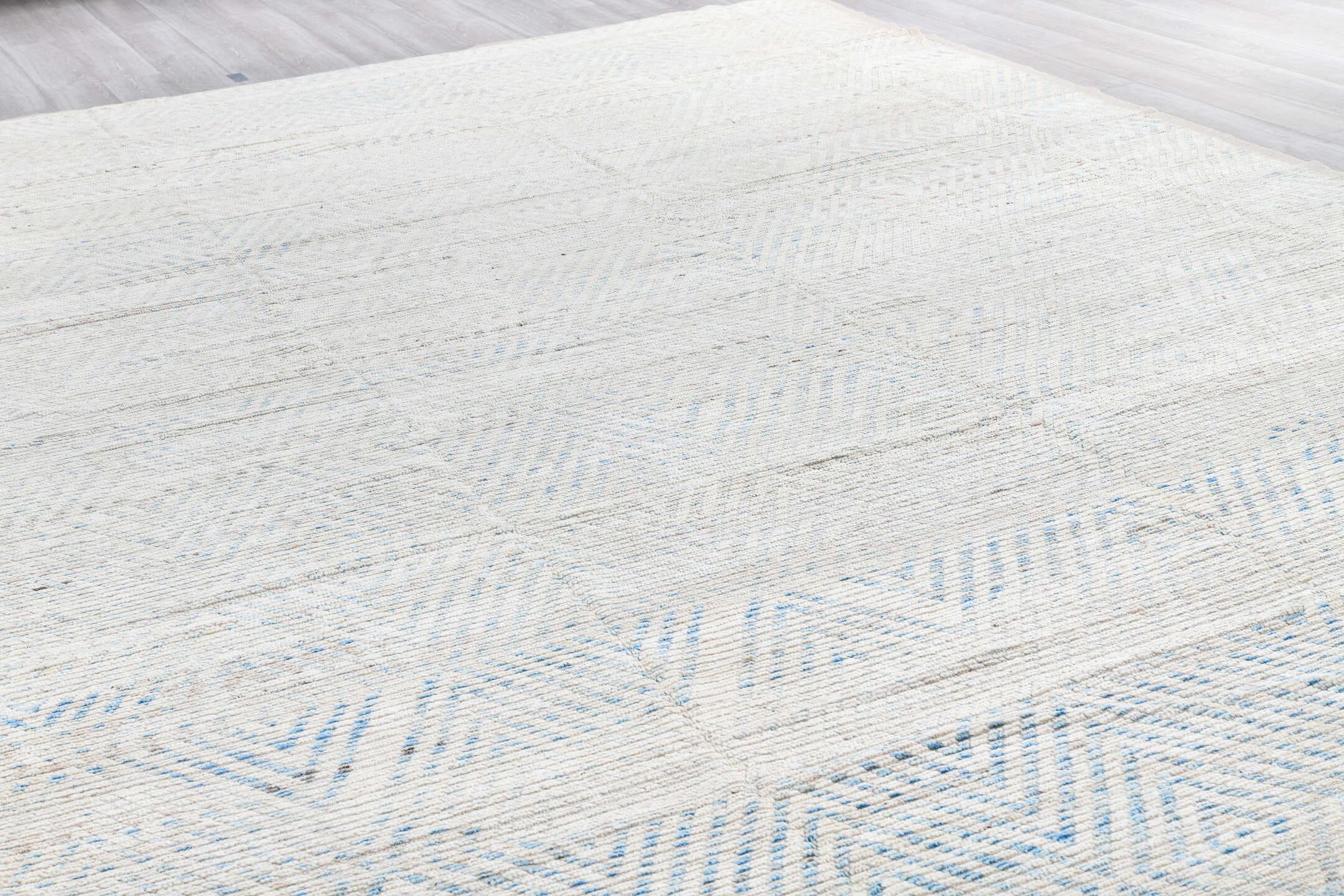 13' x 16' one-of-a-kind handmade vintage Tulu oversize rug. Color palette: ivory, pale blue, cream, taupe, light gray