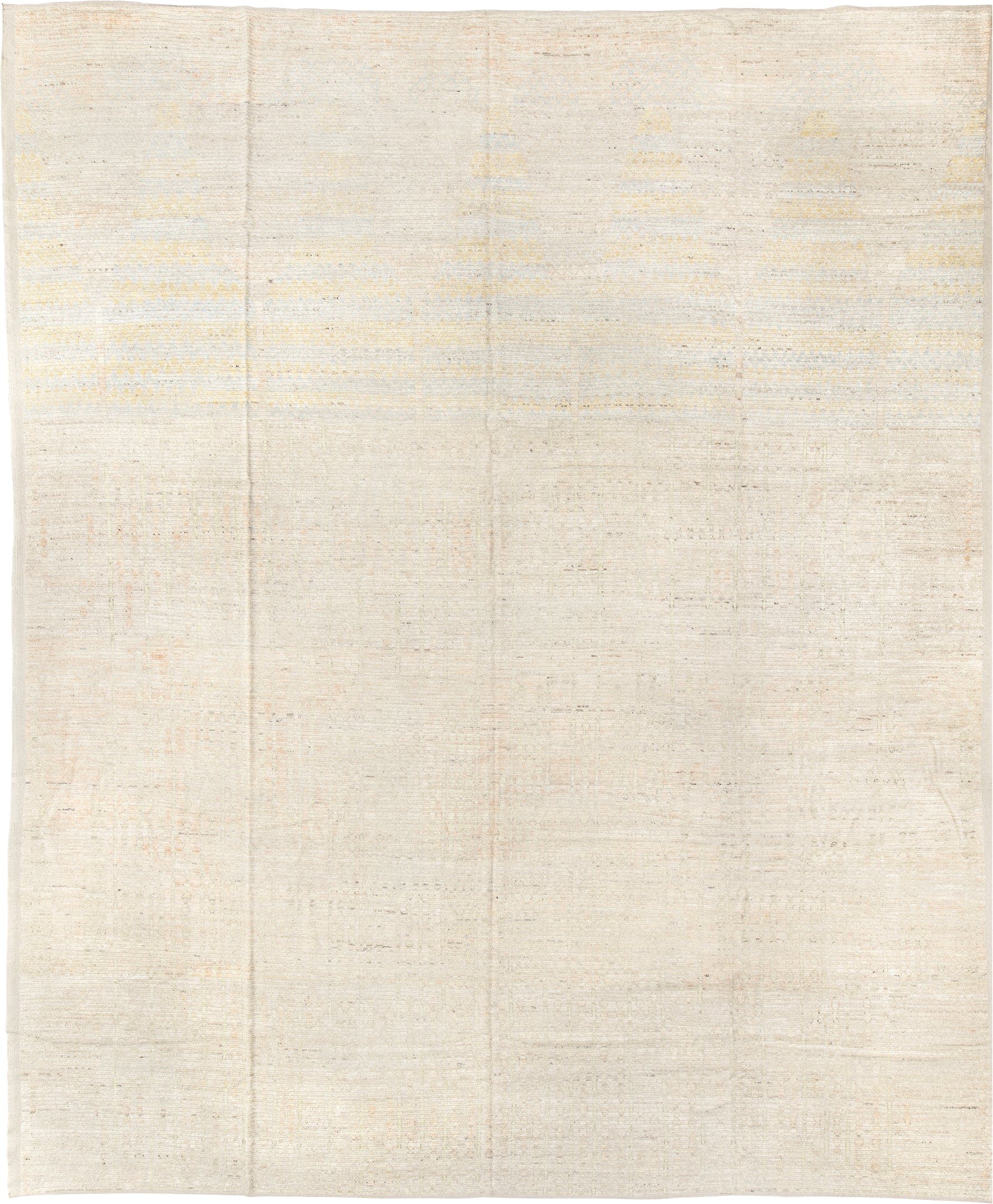 13' x 16' one-of-a-kind handmade vintage Tulu oversize rug. Color palette: ivory, cream, pale gold, beige, taupe, gold, gray