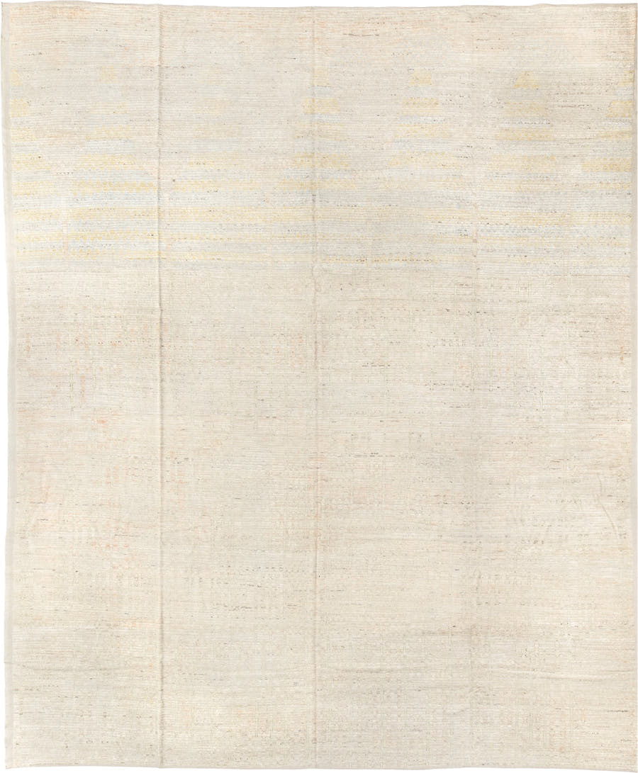 13' x 16' one-of-a-kind handmade vintage Tulu oversize rug. Color palette: ivory, cream, pale gold, beige, taupe, gold, gray
