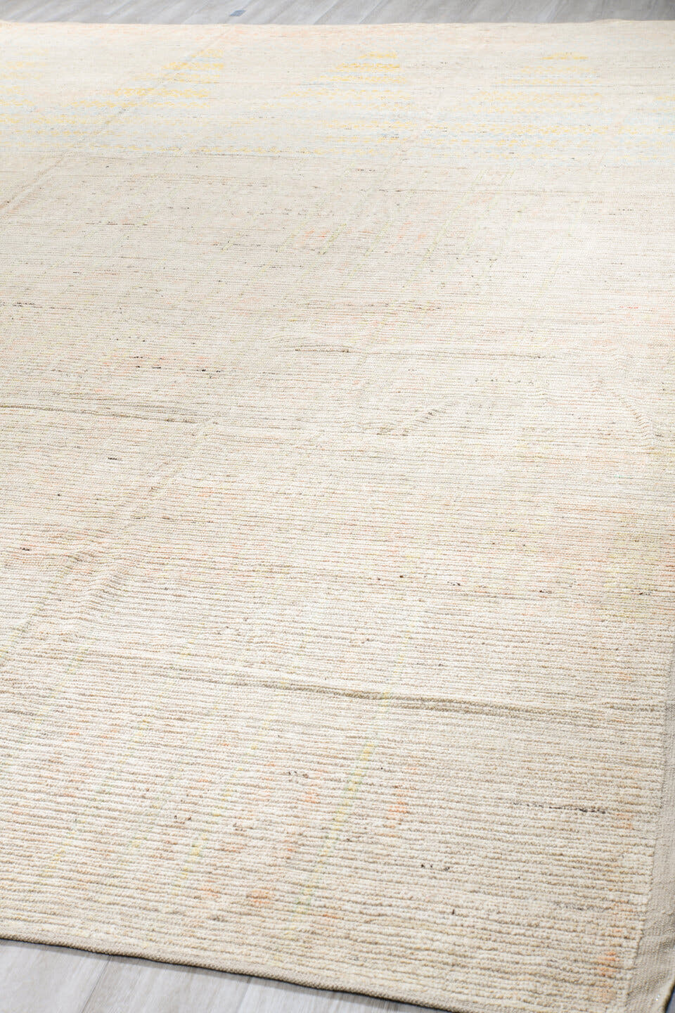13' x 16' one-of-a-kind handmade vintage Tulu oversize rug. Color palette: ivory, cream, pale gold, beige, taupe, gold, gray