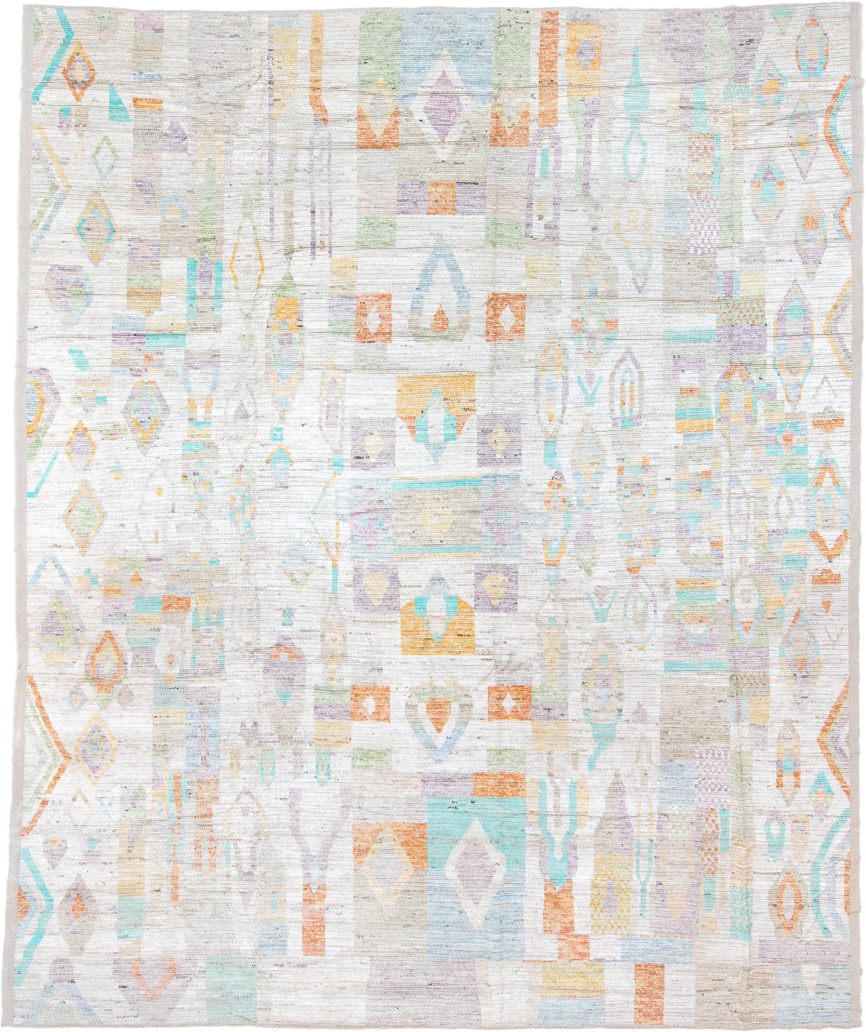 12' x 15' one-of-a-kind handmade vintage Tulu oversize rug. Color palette: ivory, aqua, lavender, apricot, pale blue, sage