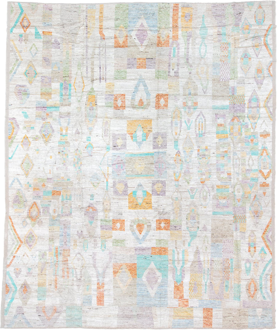 12' x 15' one-of-a-kind handmade vintage Tulu oversize rug. Color palette: ivory, aqua, lavender, apricot, pale blue, sage