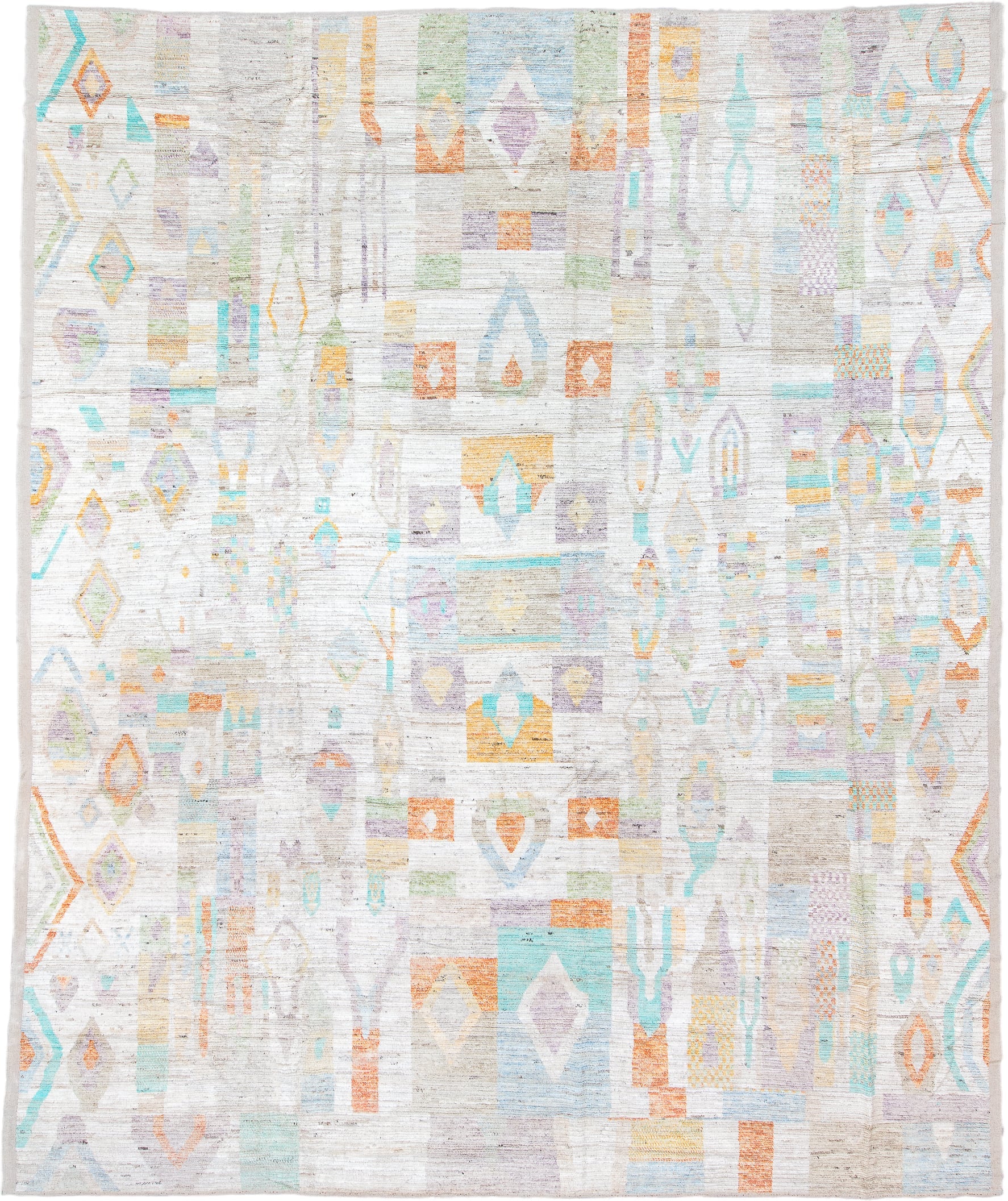 12' x 15' one-of-a-kind handmade vintage Tulu oversize rug. Color palette: ivory, aqua, lavender, apricot, pale blue, sage