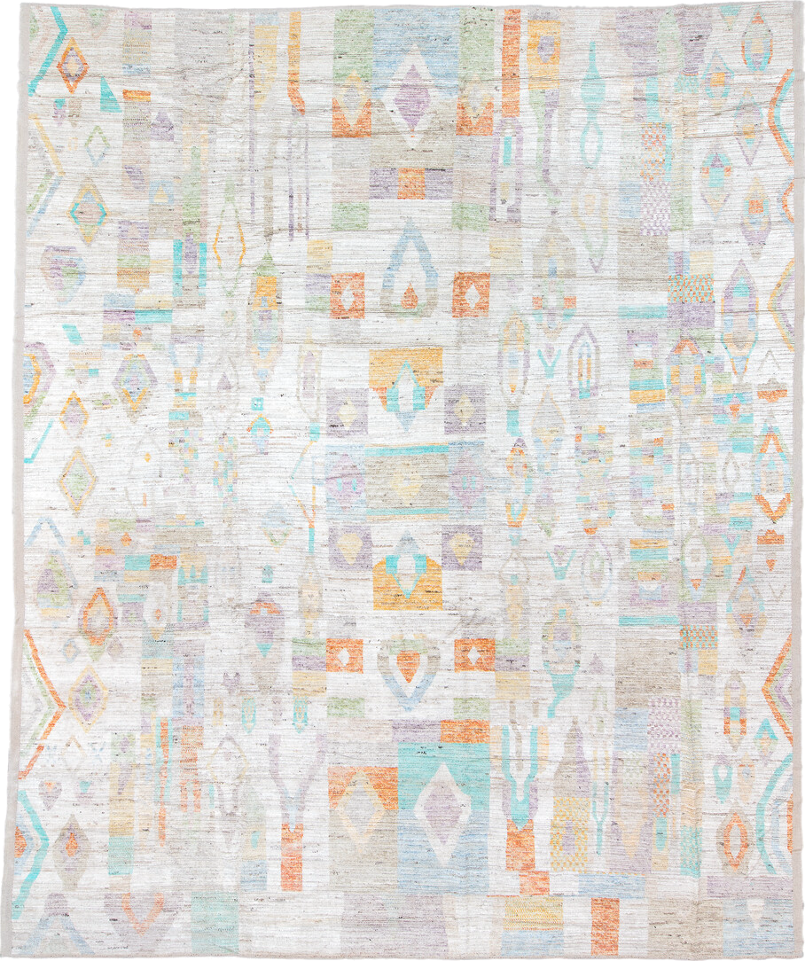 12' x 15' one-of-a-kind handmade vintage Tulu oversize rug. Color palette: ivory, aqua, lavender, apricot, pale blue, sage
