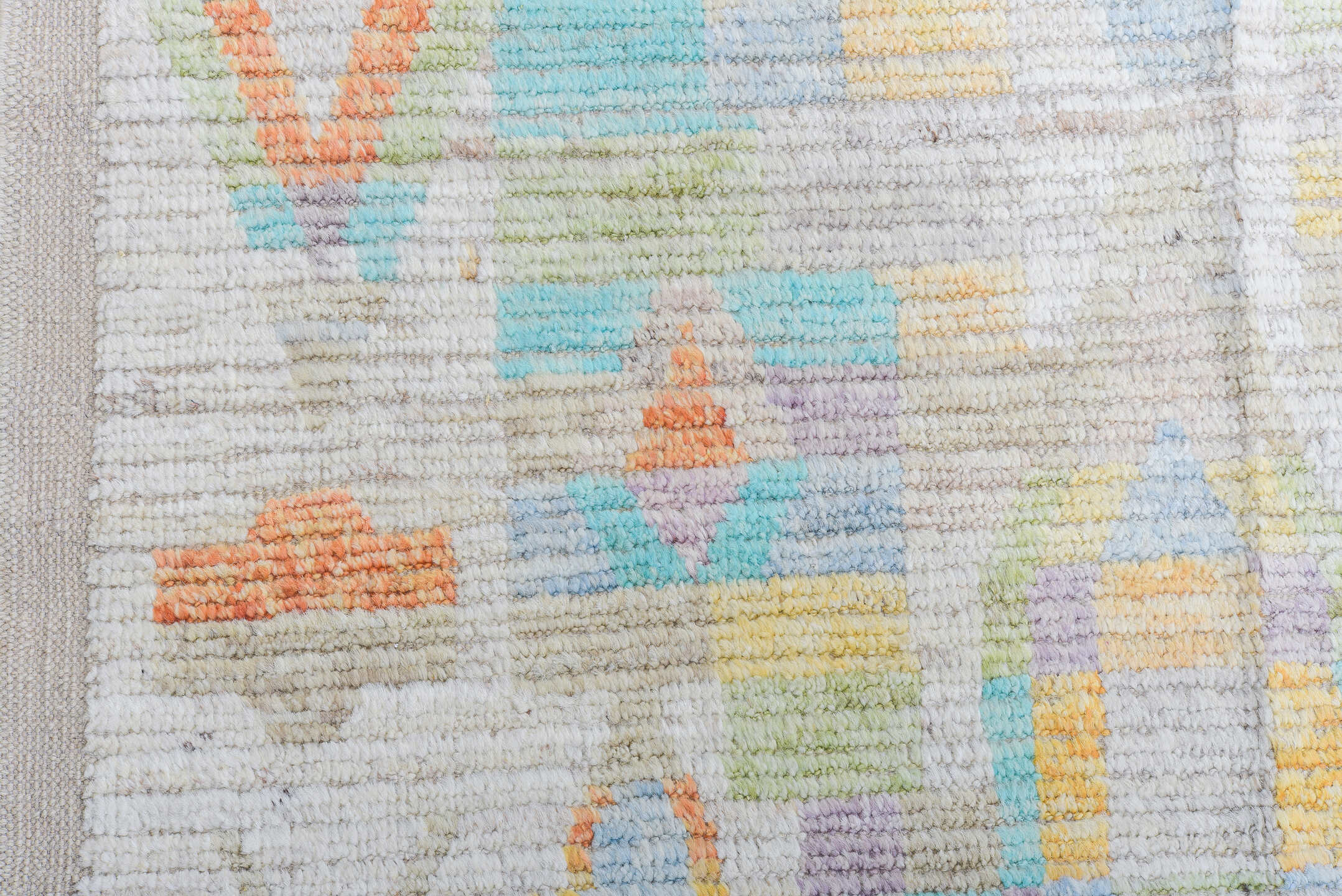 12' x 15' one-of-a-kind handmade vintage Tulu oversize rug. Color palette: ivory, aqua, lavender, apricot, pale blue, sage