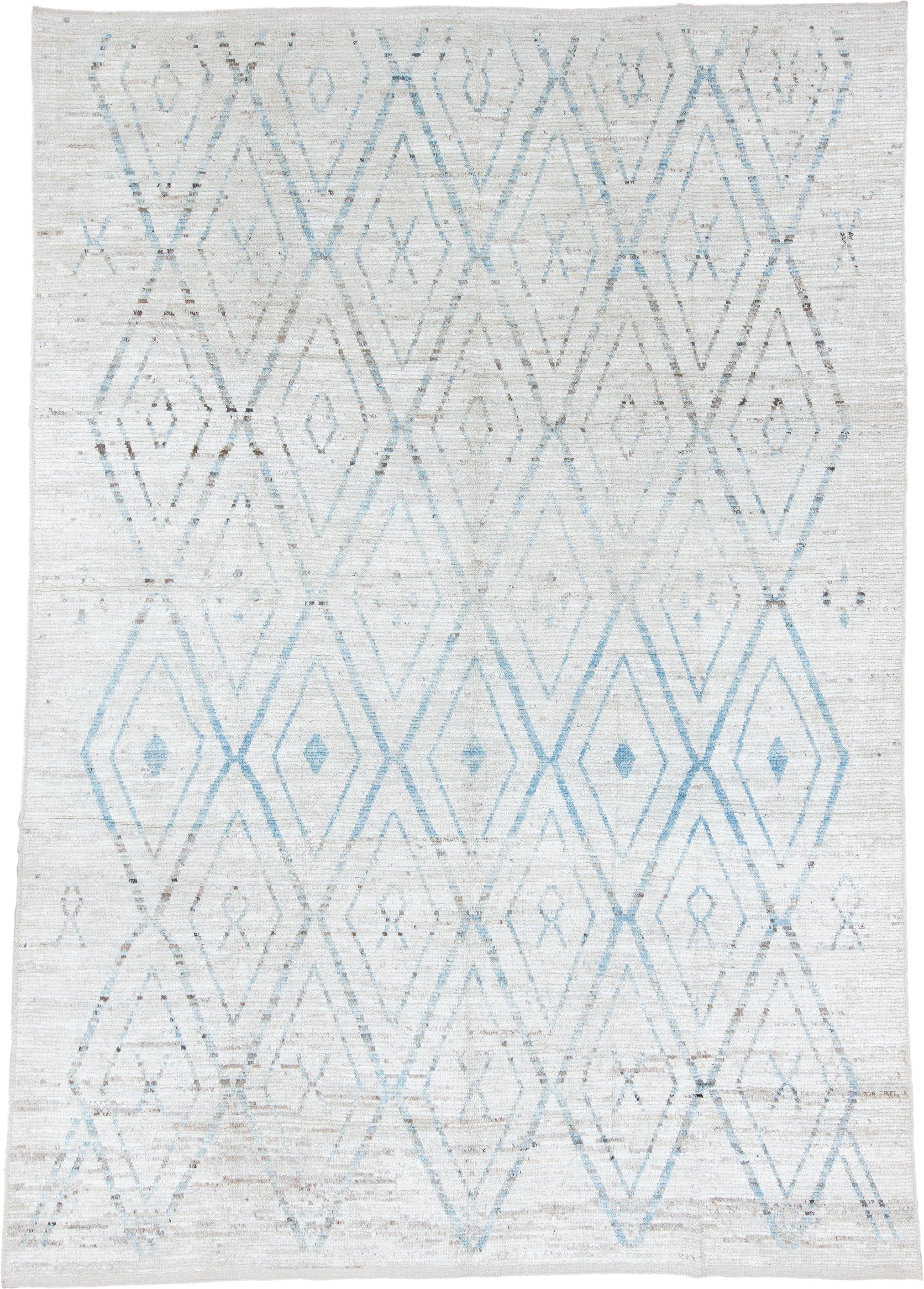 9' x 14' one-of-a-kind handmade vintage Tulu large size rug. Color palette: ivory, sky blue, taupe, light gray, light blue