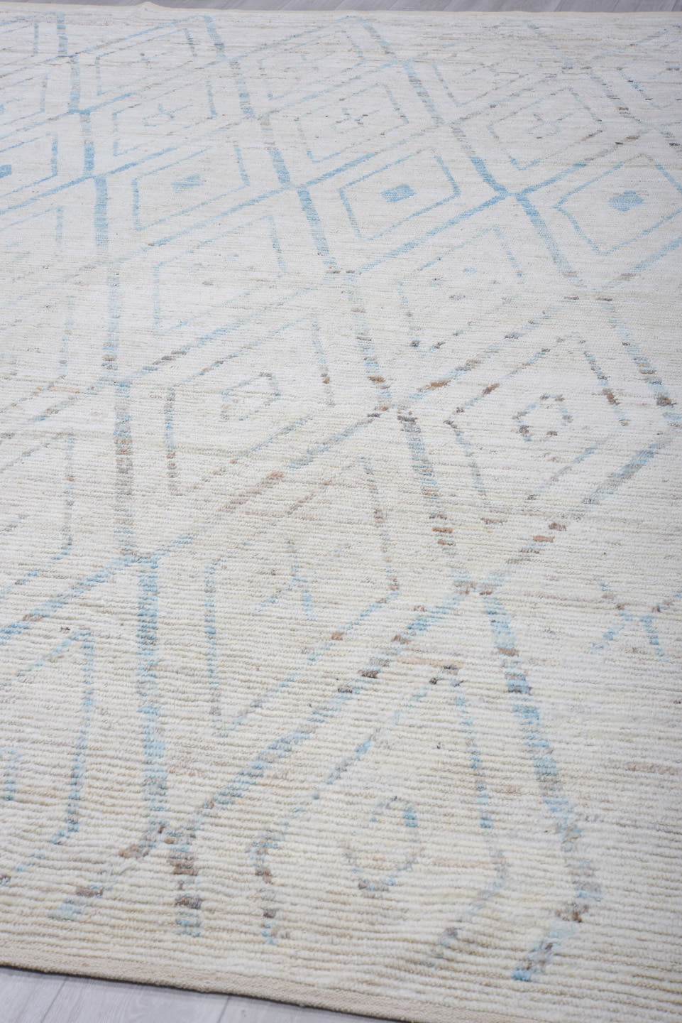9' x 14' one-of-a-kind handmade vintage Tulu large size rug. Color palette: ivory, sky blue, taupe, light gray, light blue