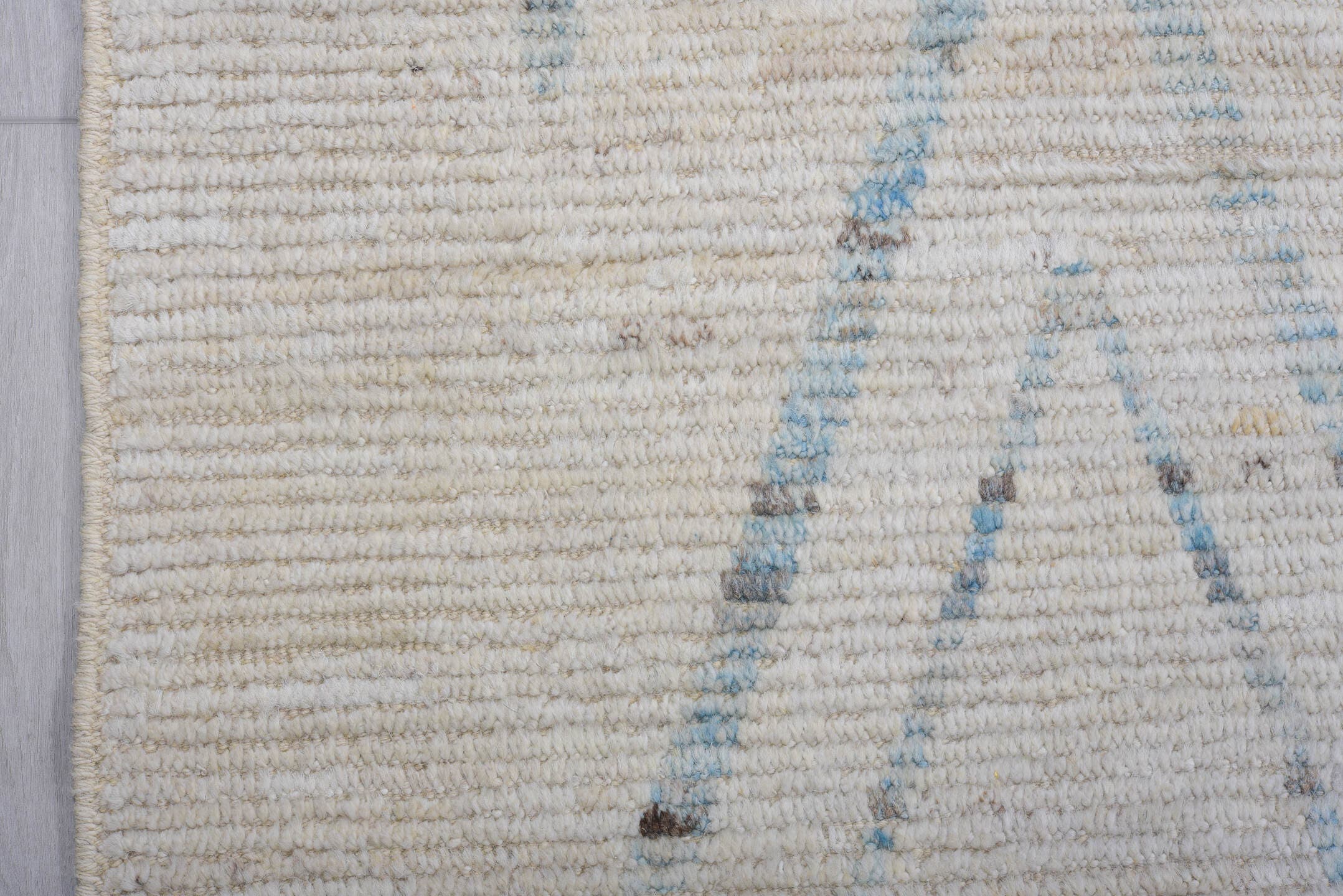 9' x 14' one-of-a-kind handmade vintage Tulu large size rug. Color palette: ivory, sky blue, taupe, light gray, light blue