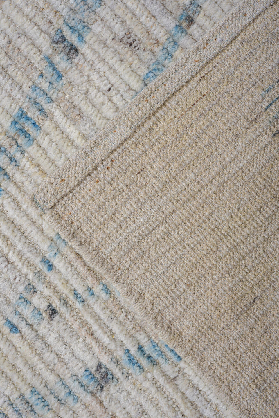 9' x 14' one-of-a-kind handmade vintage Tulu large size rug. Color palette: ivory, sky blue, taupe, light gray, light blue