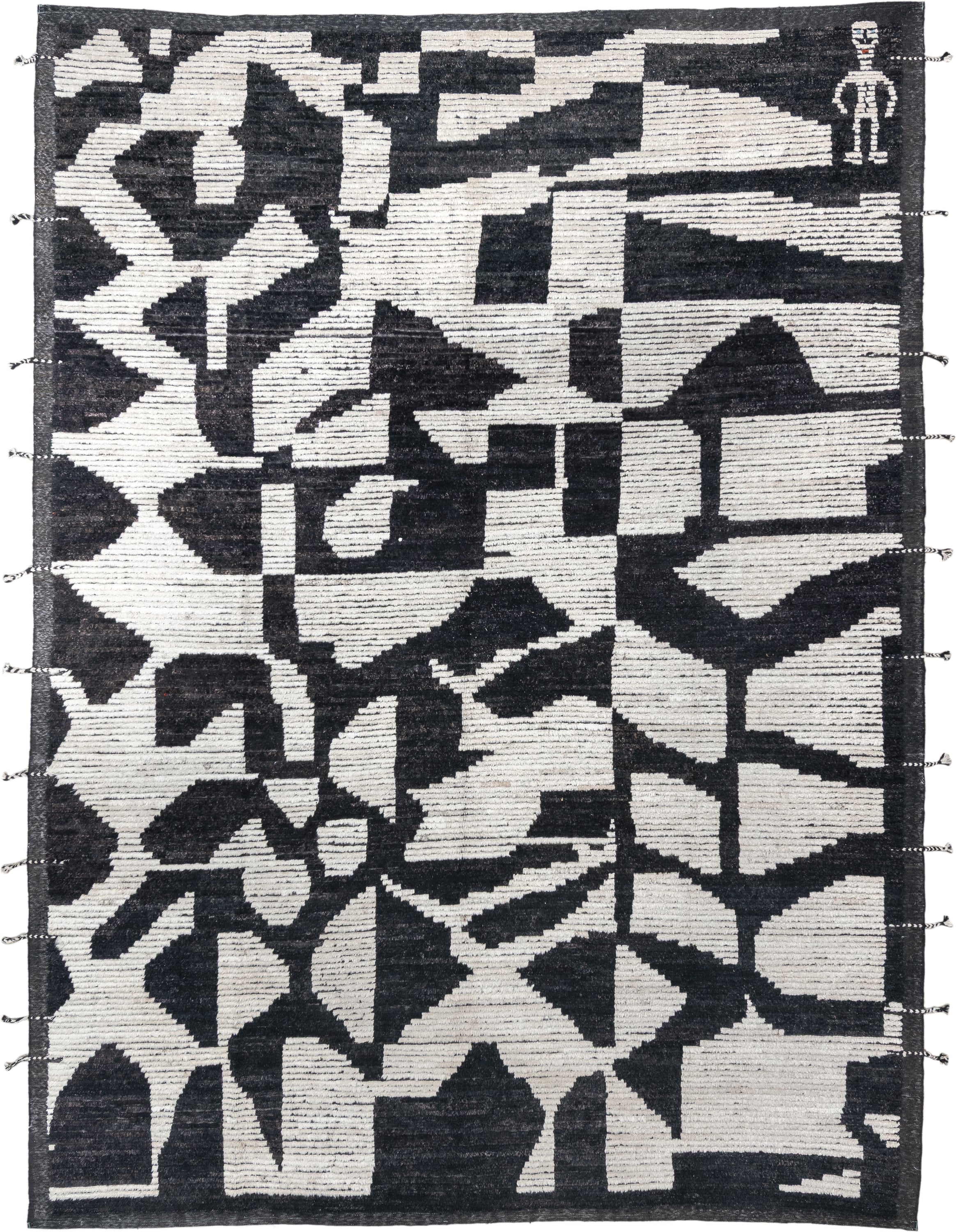 9' x 12' one-of-a-kind handmade vintage Tulu large size rug. Color palette: charcoal, ivory, gray, black