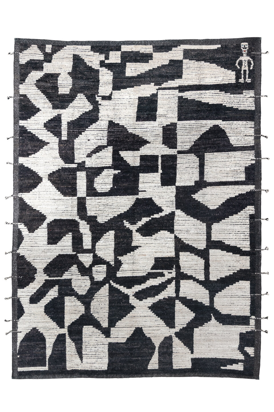 9' x 12' one-of-a-kind handmade vintage Tulu large size rug. Color palette: black, blue, charcoal, dark gray, dim gray