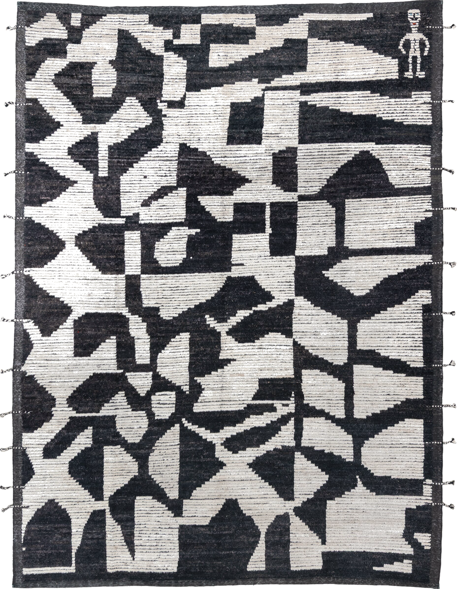 9' x 12' one-of-a-kind handmade vintage Tulu large size rug. Color palette: black, blue, charcoal, dark gray, dim gray