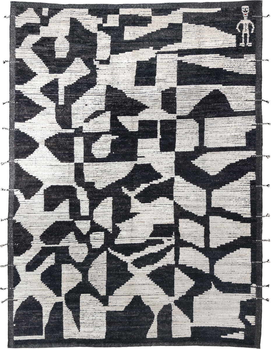9' x 12' one-of-a-kind handmade vintage Tulu large size rug. Color palette: black, blue, charcoal, dark gray, dim gray