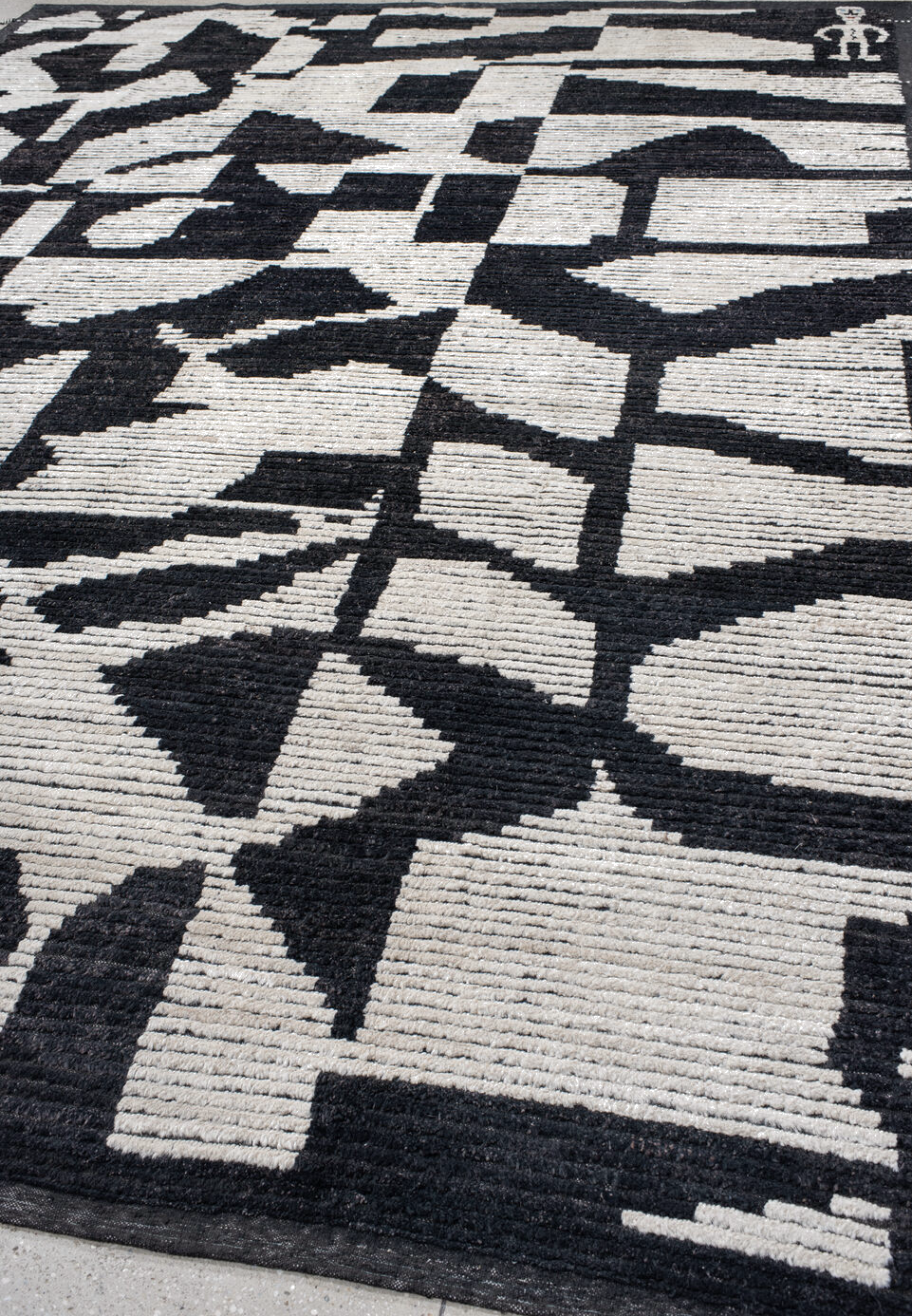 9' x 12' one-of-a-kind handmade vintage Tulu large size rug. Color palette: black, blue, charcoal, dark gray, dim gray