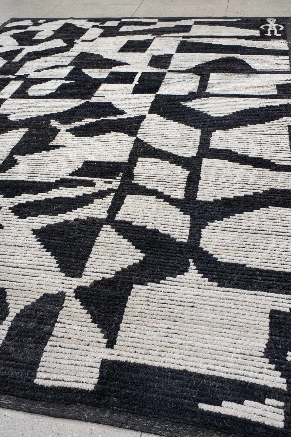 9' x 12' one-of-a-kind handmade vintage Tulu large size rug. Color palette: black, blue, charcoal, dark gray, dim gray