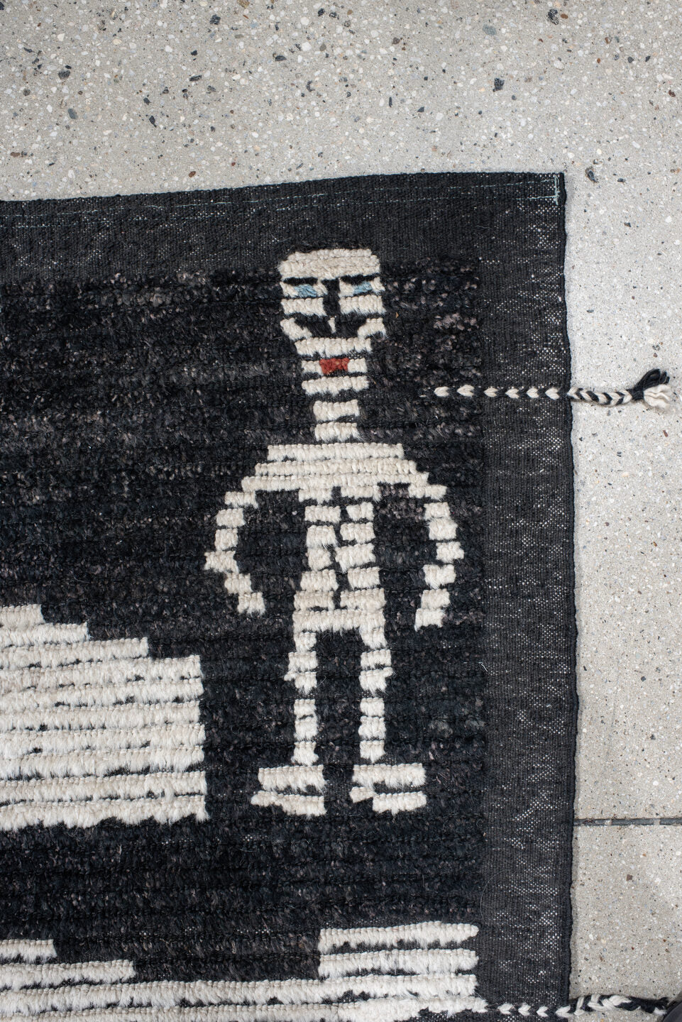 9' x 12' one-of-a-kind handmade vintage Tulu large size rug. Color palette: black, blue, charcoal, dark gray, dim gray