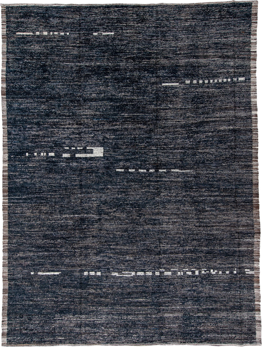 10' x 14' one-of-a-kind handmade vintage Tulu oversize rug. Color palette: charcoal, ivory, slate, taupe, ebony, black, gray