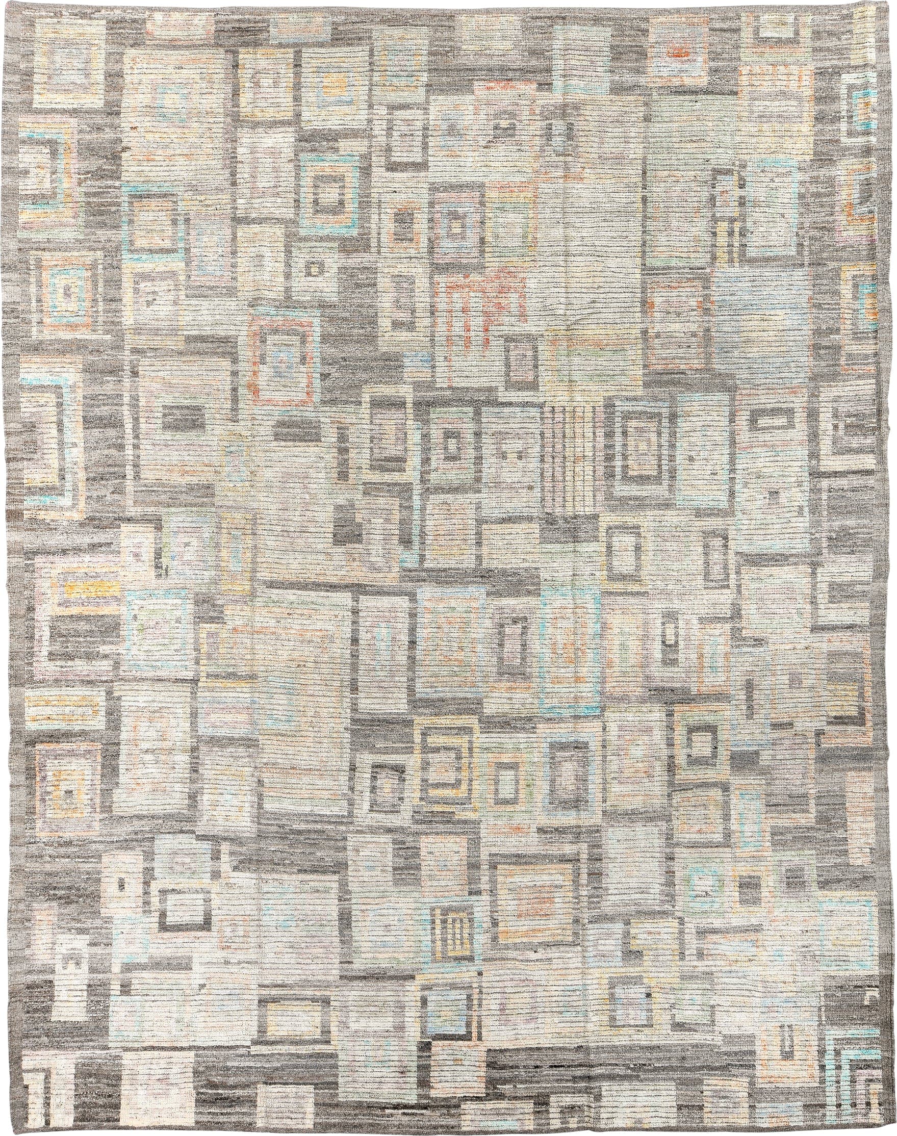9' x 12' one-of-a-kind handmade vintage Tulu large size rug. Color palette: ivory, taupe, charcoal, pale aqua, saffron