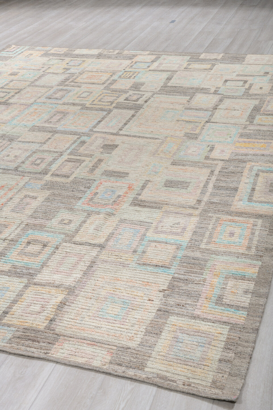 9' x 12' one-of-a-kind handmade vintage Tulu large size rug. Color palette: ivory, taupe, charcoal, pale aqua, saffron