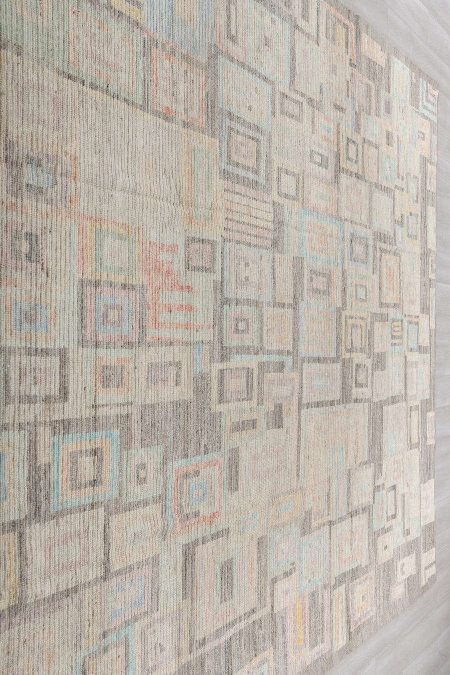 9' x 12' one-of-a-kind handmade vintage Tulu large size rug. Color palette: ivory, taupe, charcoal, pale aqua, saffron
