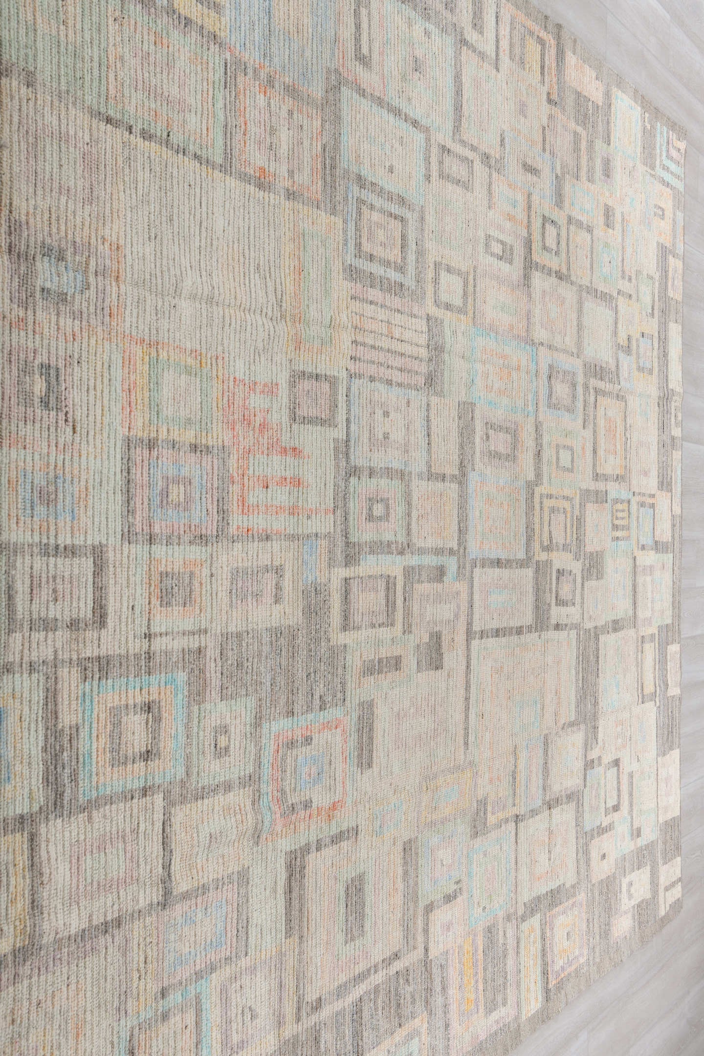 9' x 12' one-of-a-kind handmade vintage Tulu large size rug. Color palette: ivory, taupe, charcoal, pale aqua, saffron