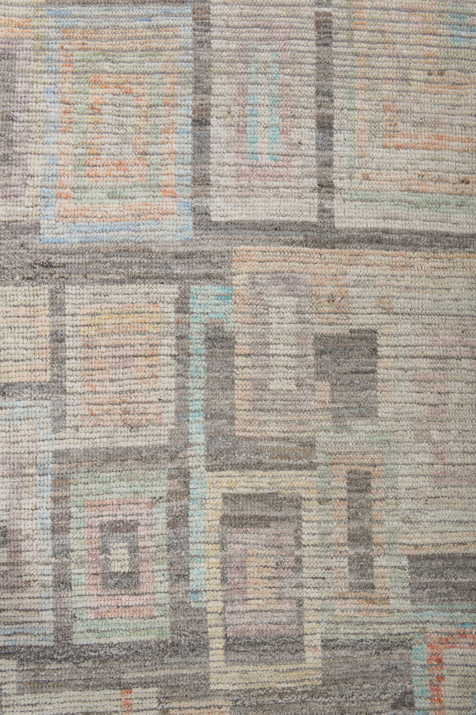 9' x 12' one-of-a-kind handmade vintage Tulu large size rug. Color palette: ivory, taupe, charcoal, pale aqua, saffron