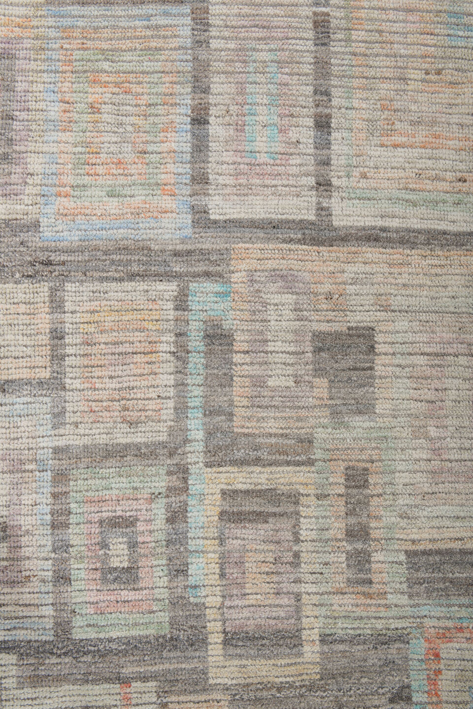 9' x 12' one-of-a-kind handmade vintage Tulu large size rug. Color palette: ivory, taupe, charcoal, pale aqua, saffron