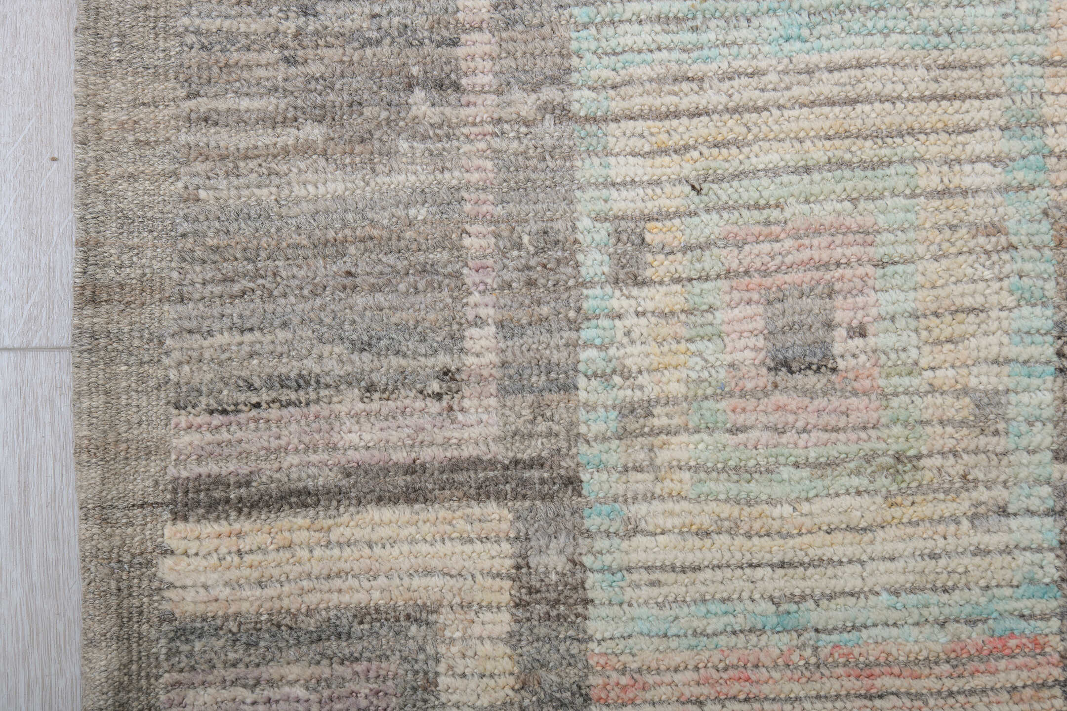9' x 12' one-of-a-kind handmade vintage Tulu large size rug. Color palette: ivory, taupe, charcoal, pale aqua, saffron
