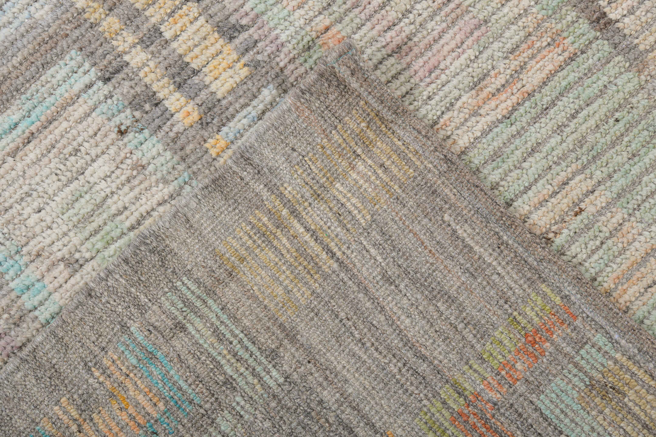 9' x 12' one-of-a-kind handmade vintage Tulu large size rug. Color palette: ivory, taupe, charcoal, pale aqua, saffron
