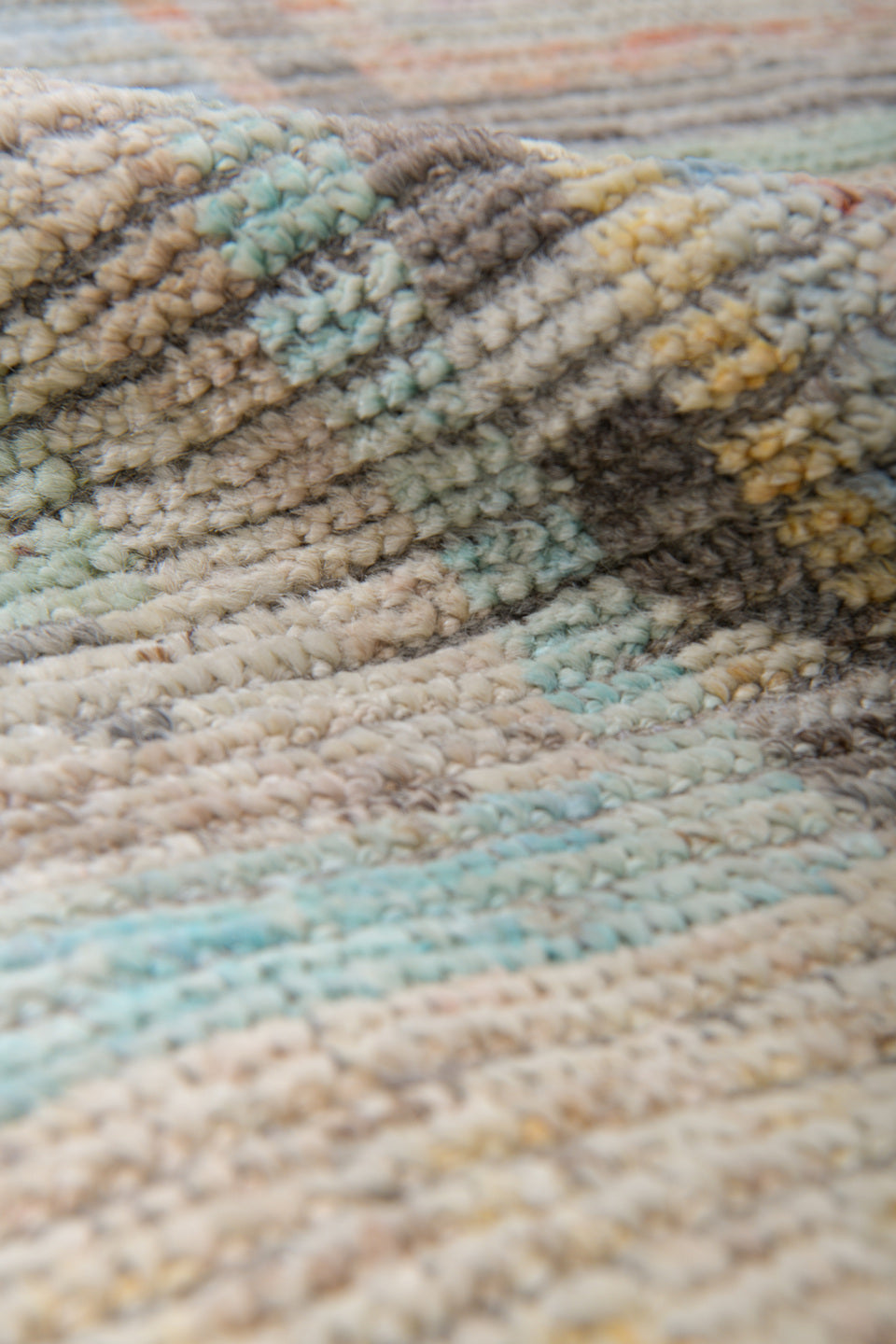 9' x 12' one-of-a-kind handmade vintage Tulu large size rug. Color palette: ivory, taupe, charcoal, pale aqua, saffron